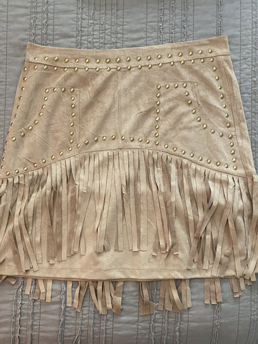 Boho Faux Suede Fringe Mini Skirt - Tan Studded Western Festival Cowgirl - XL - Picture 6 of 7